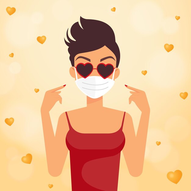 Woman with heart sunglasses and protective medical mask