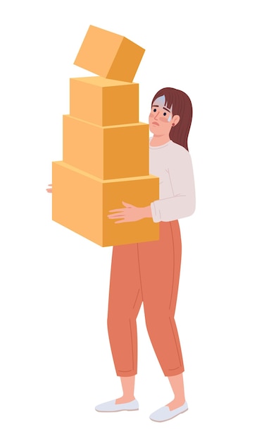 Вектор Женщина с кучей тяжелых картонных коробок в руках полуплоский векторный характер цвета