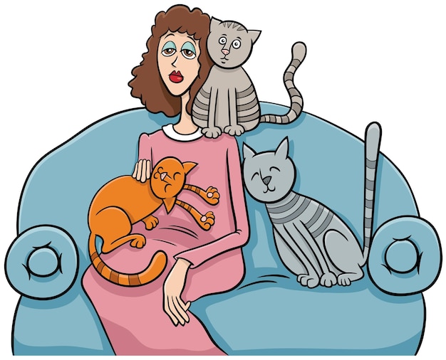 Woman with her cats on the sofa cartoon illustration