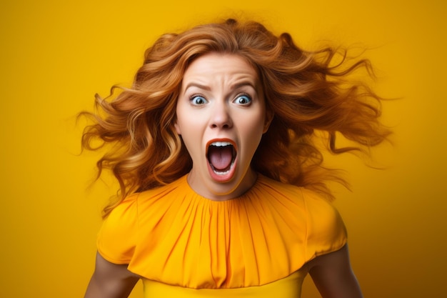 A woman with her mouth wide open on a yellow background