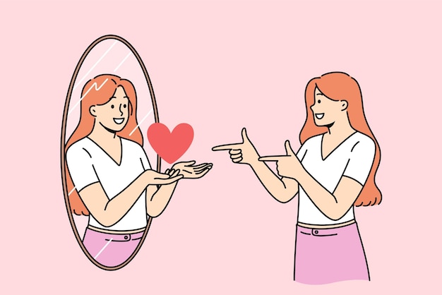 자존감이 높은 여성은 거울을 바라보며 자기 사랑의 은유로 심장을 가진 반사를 봅니다.