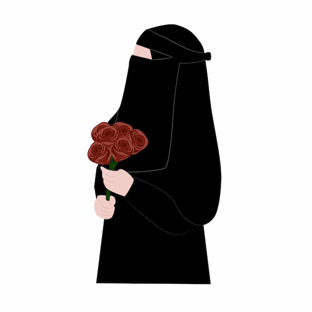 히잡을 쓰고 장미 꽃다발을 들고 있는 여성