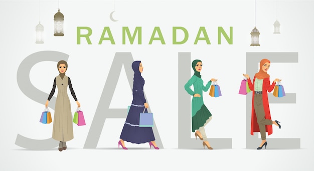 Vector woman with hijab shopping in ramadan sale