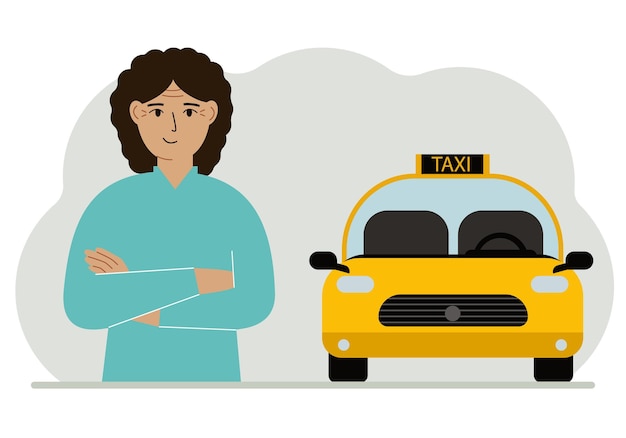 A woman with his arms crossed near a yellow taxi car vector