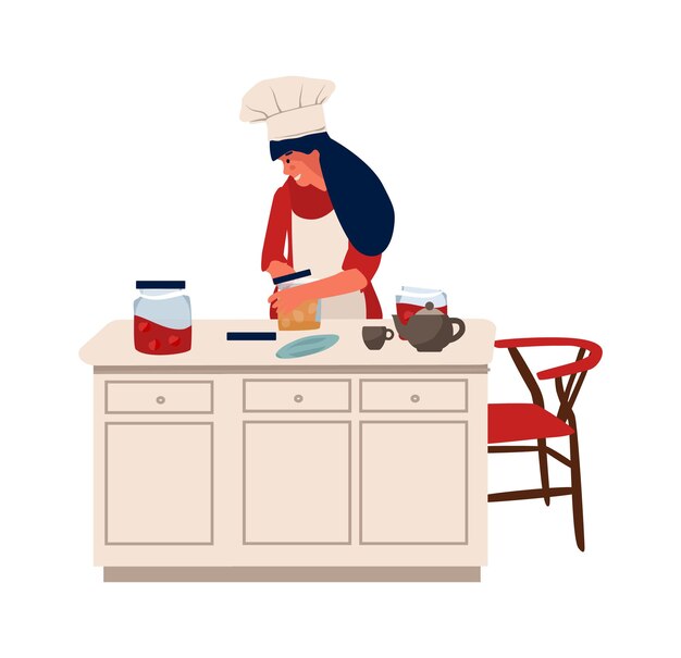 Woman with hobbies. girl stands at the table and cooks. vector characters cooking and doing hobbies at home