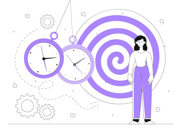 Woman with hypnosis session line concept Young girl at background of violet spiral circle and clocks at pendant Psychology and mental health Linear flat vector illustration