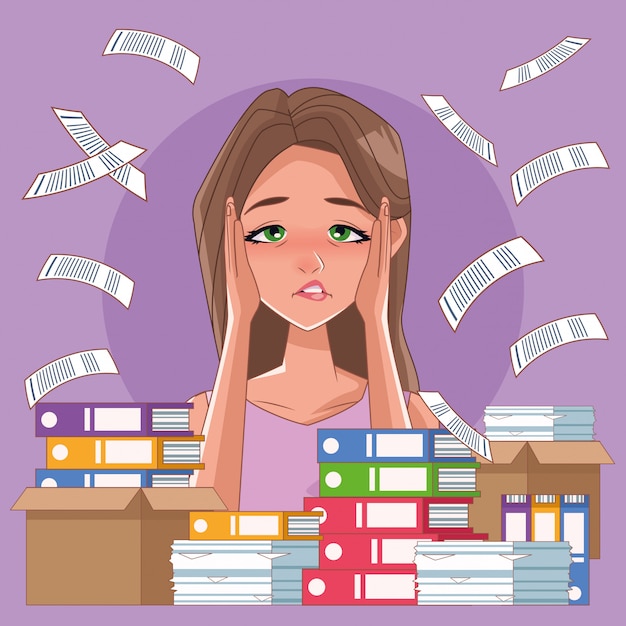 Vector woman with imsomnia stress symptom and pile documents