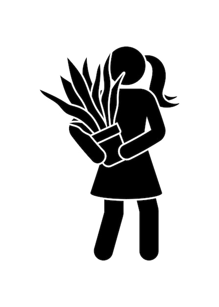 Vettore donna con l'illustrazione di vettore del fiore domestico dell'interno