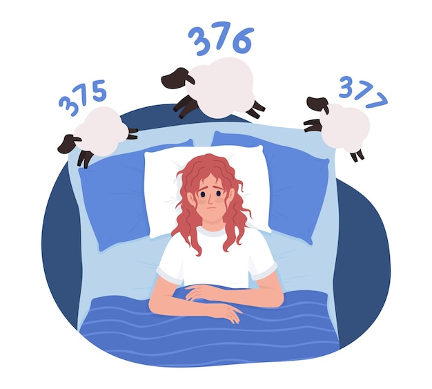 Woman with insomnia in bed 2D vector isolated illustration