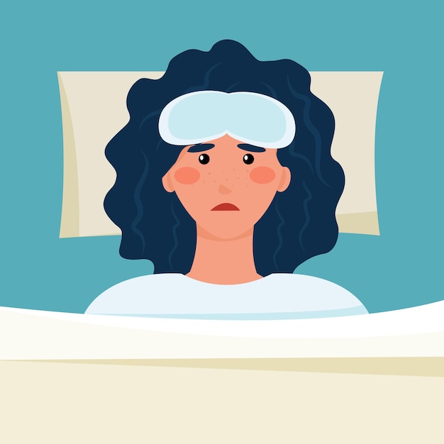 Vector woman with insomnia frustrated cartoon character experience anxiety you need to take a vitamin for sleep vector illustration flat