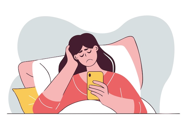 불면증을 고 침대에 누워 스마트폰을 스크롤하는 여성 수면 장애 정신 문제