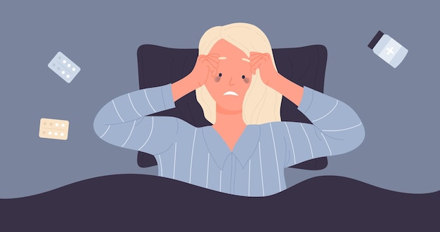 Vector woman with insomnia lying in bed suffering from sleeplessness insomnia treatment