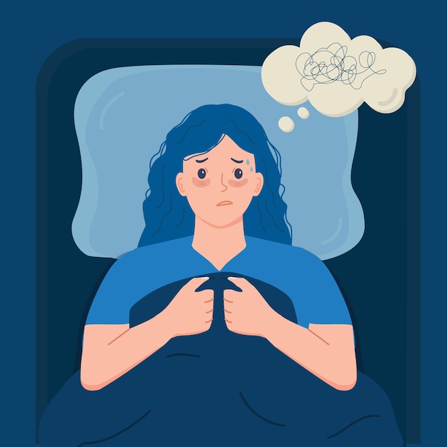 Woman with insomnia and overthinking at night in bed vector illustration