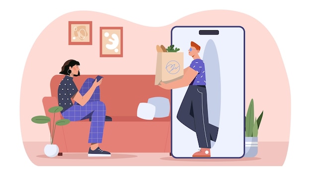 Donna con il concetto di supermercato internet ragazza con smartphone che acquista generi alimentari persona di consegna e corriere con borse con prodotti negozio o negozio illustrazione vettoriale piatta del fumetto