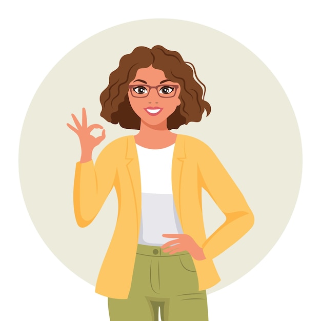 Vector woman with joyful expression shows hand ok gesture the concept of human emotions flat style