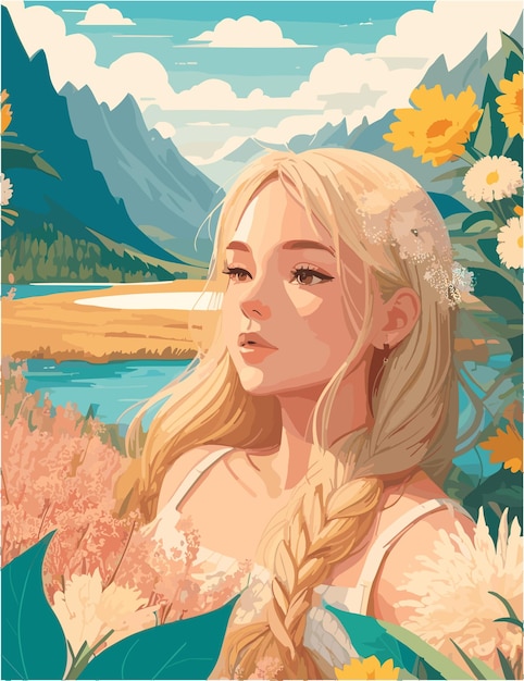 Vector a woman with landscape of nordic