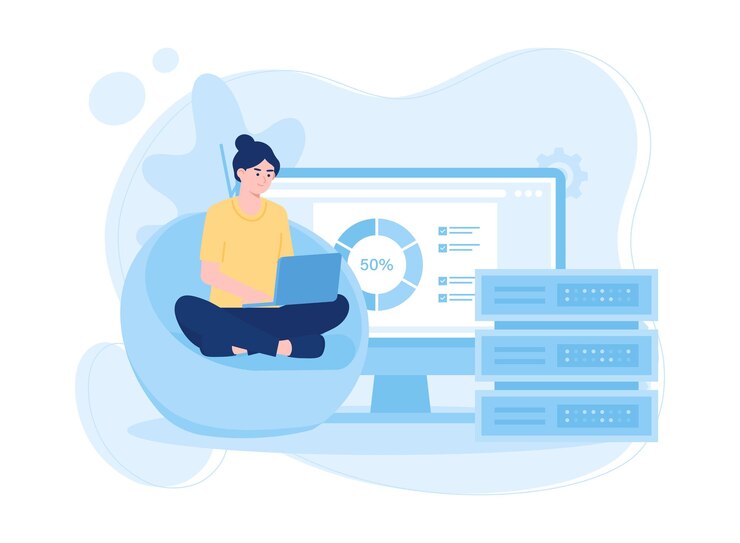 Vector woman with laptop analysis data storage via website concept flat illustration