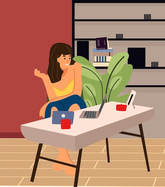 ラップトップを持つ女性漫画の女性の休息またはコンピューターでの作業オンラインでメッセージを送信する若いキャラクター机の椅子に座っている女の子居心地の良い家とオフィスのインテリアベクトルイラスト