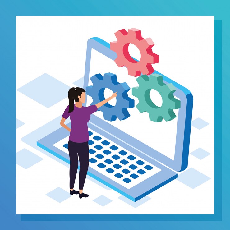 Vector woman with laptop computer and big gears