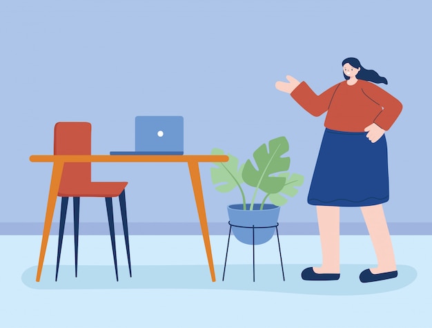 Vector woman with laptop on desk   design