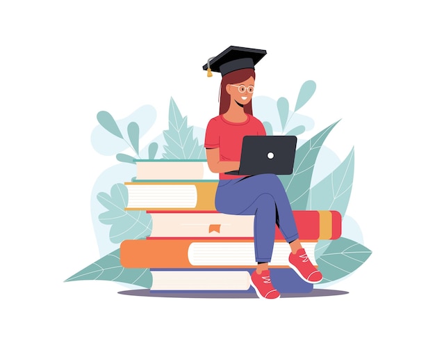 Vector woman with laptop in graduation cap sitting around pile of books online courses distance