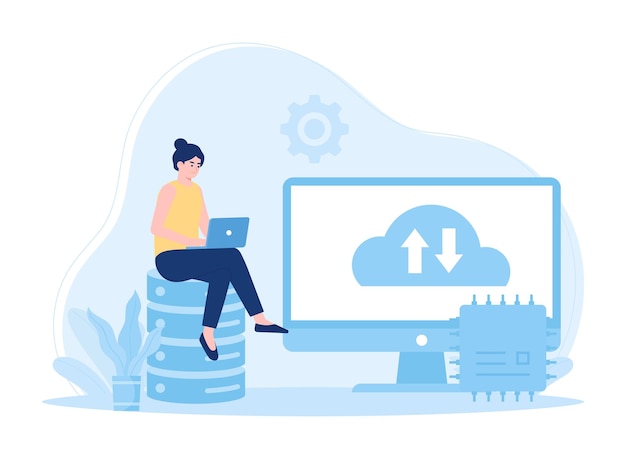 woman with laptop is backing up cloud database concept flat illustration