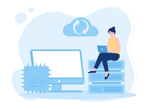 woman with laptop is backing up cloud database concept flat illustration