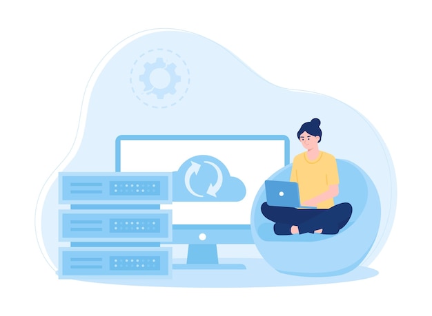 Vector woman with laptop is backing up cloud database concept flat illustratiuon