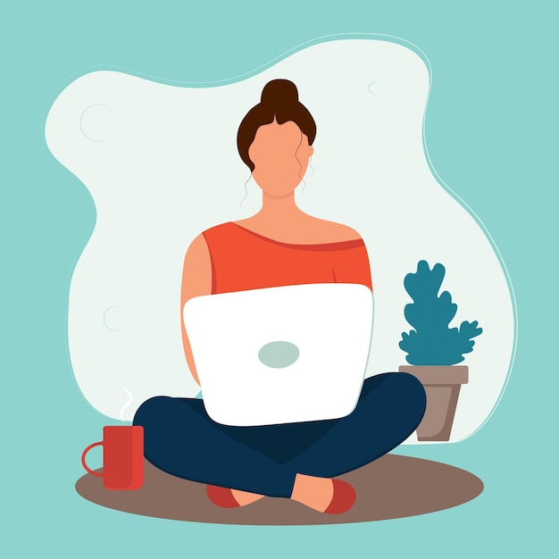 Vector a woman with a laptop sits on the floor at home