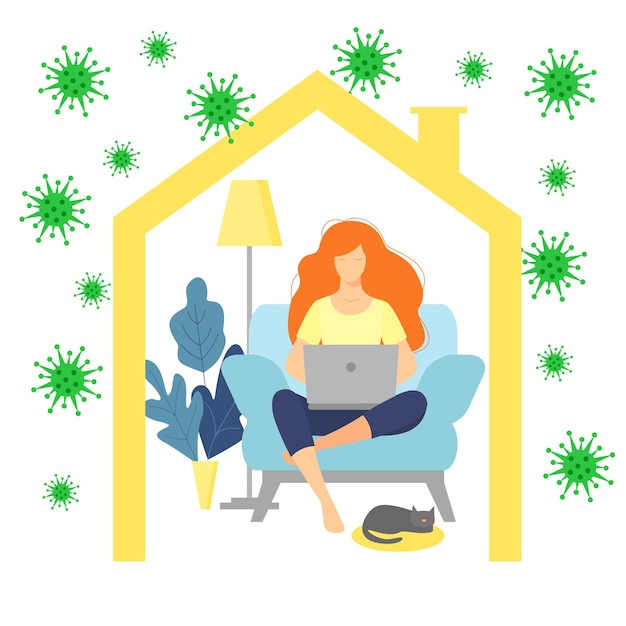 Vector woman with laptop sitting on the armchair freelance or studying concept