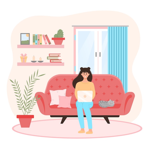 Vector woman with laptop sitting on the sofa in the living room cozy home interior freelance working study
