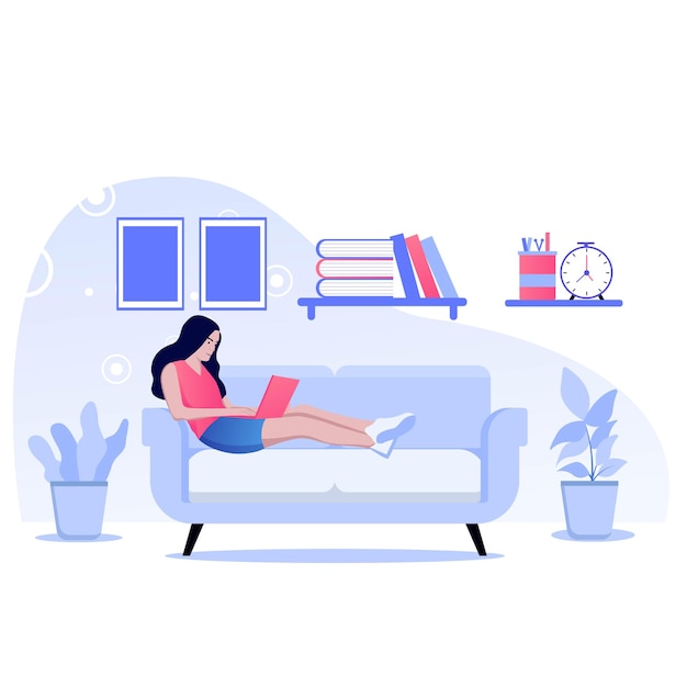 Vector woman with laptop sitting on sofa