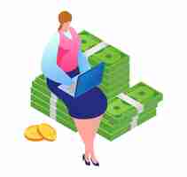 Vector woman with laptop sitting on stack of money female entrepreneur working on computer with earnings wealth and online income concept vector illustration