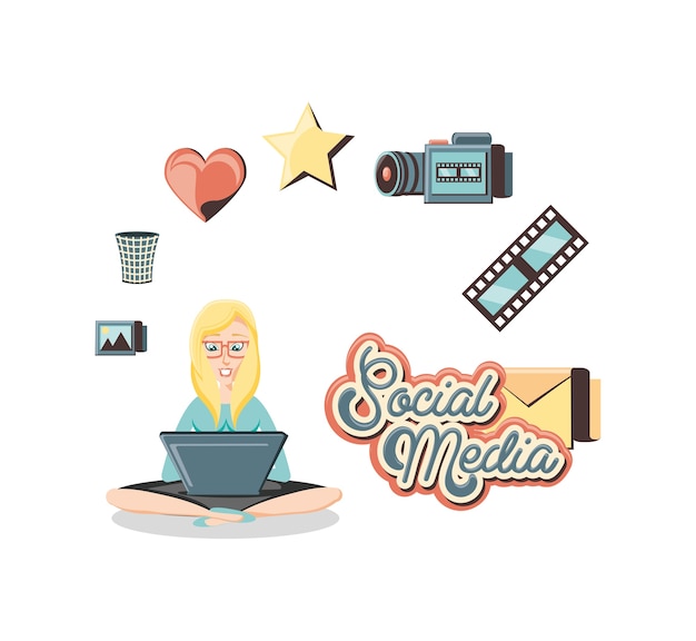 Woman with laptop social media icons