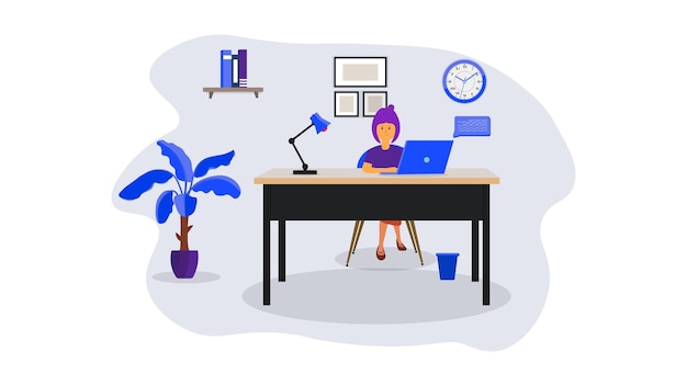 Woman with laptop studying or working concept Table with books lamp tree Vector illustration design