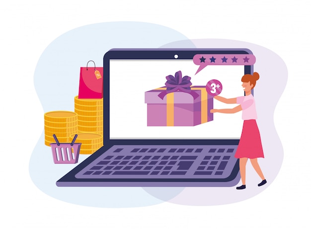 Женщина с технологией ноутбука и покупки онлайн