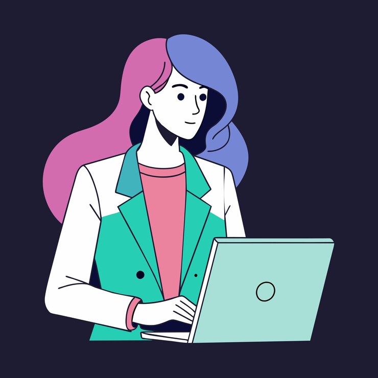 Vector a woman with a laptop and a woman with a circle on her jacket