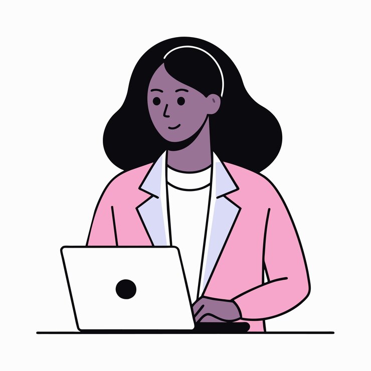 Vector a woman with a laptop and a woman with a dark hair and a white shirt with a logo on it