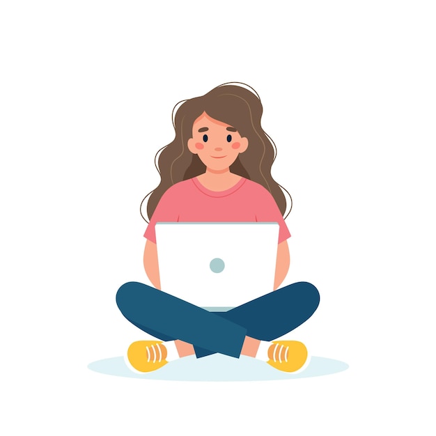 Vector woman with a laptop working student or freelancer concept
