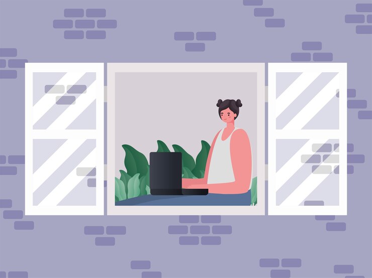 Vector woman with laptop working at window design of work from home theme