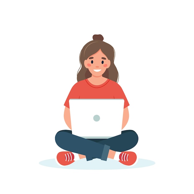 Vector woman with a laptop working