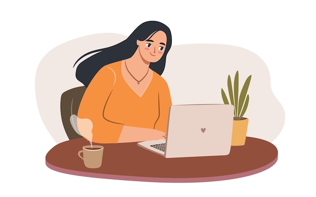 Woman with laptop works at her desk with a cup and plant Empowered business woman or freelancer