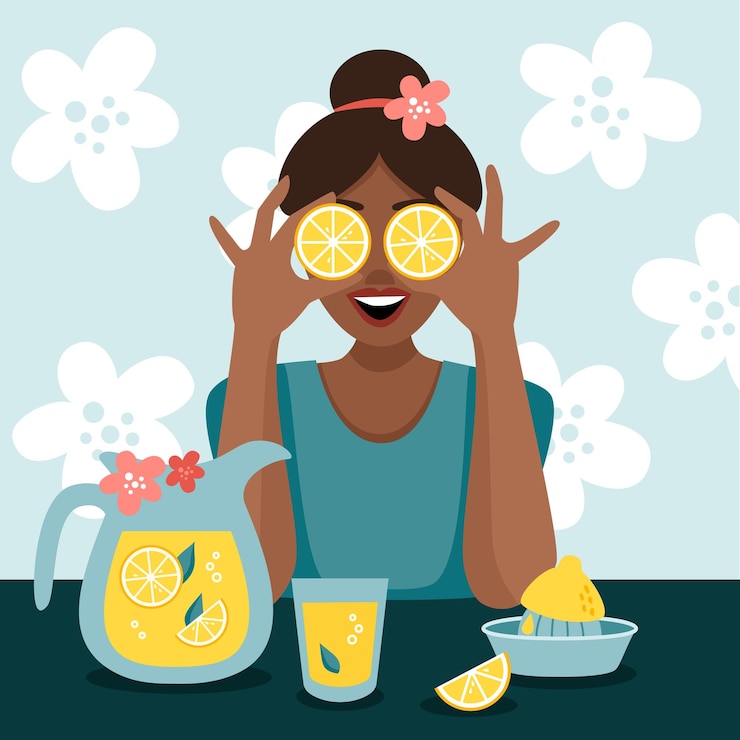 Vector woman with lemon slices in her hands is sitting at a table preparing lemonade
