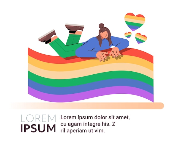 woman with lgbt rainbow flag gay lesbian love parade pride festival transgender love concept copy space vector illustration