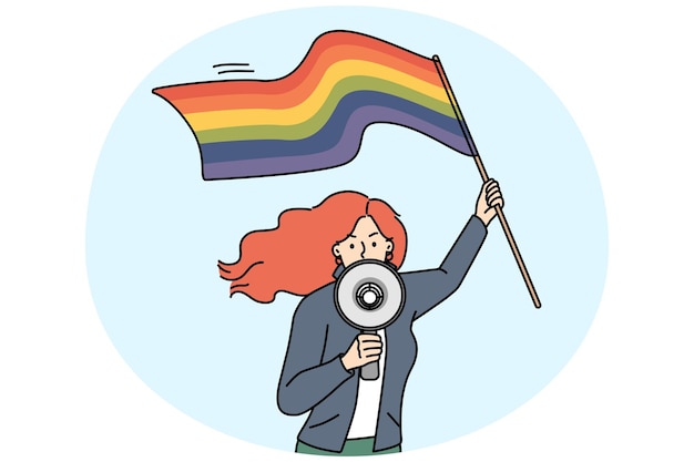 Woman with lgbtq flag shout in megaphone