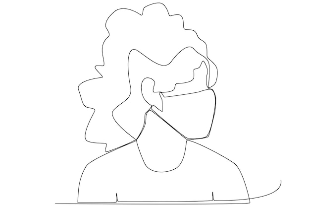 Woman with long curly hair wearing a mask side view one line art