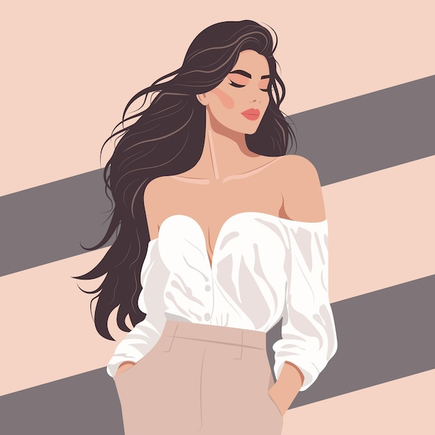 Vector woman with long dark hair in a stylish blouse with bare shoulders and pants