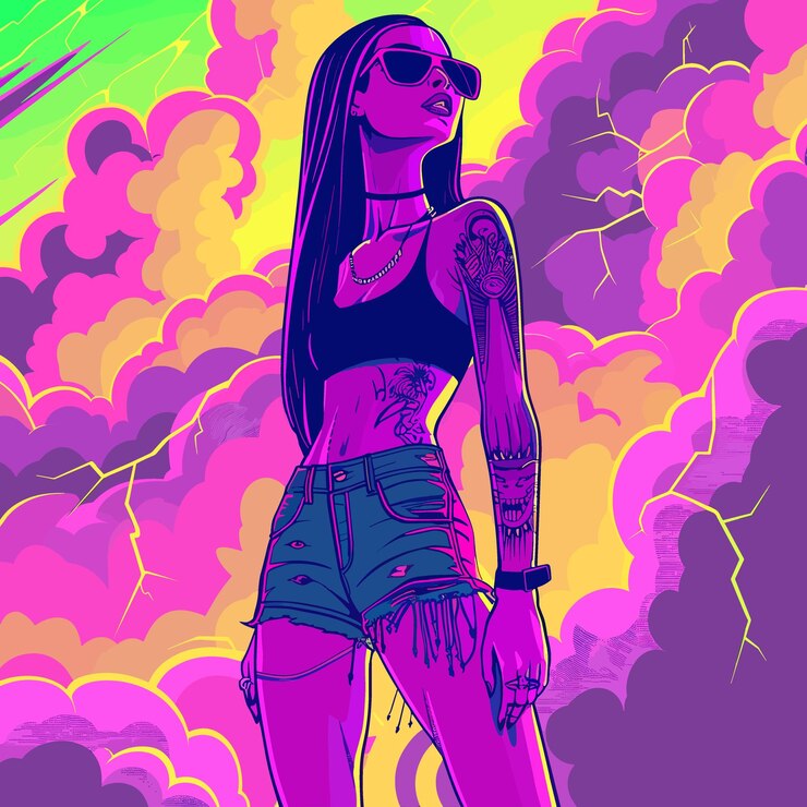 Vector a woman with long hair and a black tank top stands in front of a purple sky