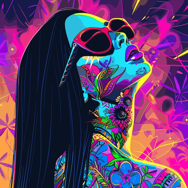 a woman with long hair and colorful tattoos is wearing sunglasses and looking up