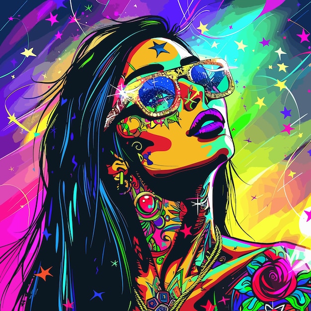 a woman with long hair and colorful tattoos is wearing sunglasses